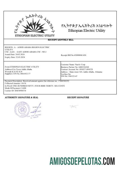 Conta de serviços públicos de eletricidade da Etiópia em formatos Word e PDF modelo